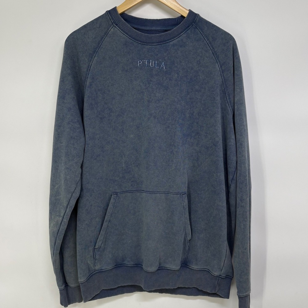 PTULA Womens XL Blue Mineral Wash Raglan Crewneck Sweatshirt Kangaroo Pocket